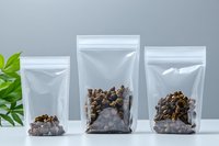 Dried mushrooms in transparent resealable plastic bags arranged on gray background with green plant decoration, food storage and packaging concept.