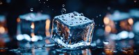 Transparent ice cube with water droplets splashing on wet surface with bokeh lights background for beverage and cooling concepts.