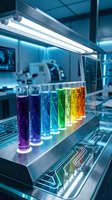 Colorful chemical solutions in test tubes arranged on laboratory bench under fluorescent lighting for scientific research and experimentation.