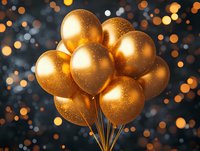 Shimmering golden balloons with glitter sparkles against dark background with festive bokeh lights create magical celebratory atmosphere for special occasions.