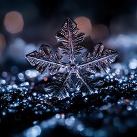 Macro photography of natural snowflake crystal with intricate symmetrical pattern on dark background with bokeh lights, revealing delicate frozen structure.