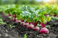 Fresh organic beetroot growing in fertile soil with green leaves in sunlight, showing ripe purple roots partially visible above ground, natural garden produce.
