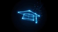 Glowing neon graduation cap with digital particles dispersing on dark background, representing online education, e-learning, and digital degree programs.