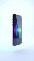 Smartphone displaying colorful sound wave visualization with gradient spectrum from purple to green on screen, isolated on white background for app design and technology concepts.