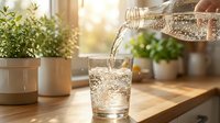 Water pouring into glass on wooden counter with potted plants and sunny window background, suitable for health, wellness, hydration and lifestyle content.