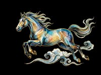 Majestic galloping horse with flowing mane and tail, featuring watercolor-style blue and gold tones with decorative swirls. Isolated on transparent background, ready for t-shirts, stickers, clipart, and print-on-demand designs.