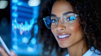 Young African American businesswoman with curly hair and glasses smiling while looking at mobile phone screen against blue digital data background.