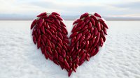 Red chili peppers arranged in heart shape on white salt flat surface against cloudy sky, romantic food concept for spicy love and passion in cooking.