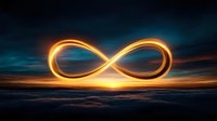 Glowing infinity symbol floating above ocean waves at sunset with dramatic sky and golden light trails creating endless loop concept for eternity and limitless possibilities.