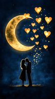 Romantic silhouette of loving couple under glowing crescent moon with magical floating heart lights against deep blue night sky with sparkling stars.