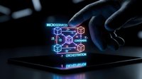 Hands presenting holographic microservices architecture diagram with glowing containers and orchestration elements for modern software development and cloud computing.