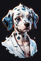 Stylized Dalmatian puppy portrait with big expressive eyes and spotted coat wearing white jacket against dark background, artistic character design for prints.