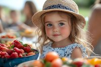 Young Caucasian girl in straw hat and blue lace dress smiling at summer garden party with fresh strawberries and fruit on table, soft natural lighting creates warm atmosphere.