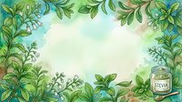 Fresh stevia plant leaves frame a watercolor background with glass jar, suitable for natural sweetener packaging, wellness blogs, organic product marketing, and herbal remedy designs.