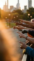 Multiple hands pointing forward in urban park setting with golden sunset light and city skyline background creating warm community atmosphere.