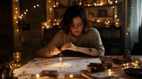 Young Asian woman writing with ink pen at candlelit table surrounded by mystical objects and glowing fairy lights creating magical atmosphere for spiritual practice.