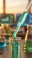 Laboratory pipette dropping green liquid onto plant seedling in test tube for botanical research and biotechnology experiments in modern lab setting.