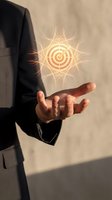 Businessman holding glowing target symbol with radiating light rays above open palm representing goal achievement and strategic focus in corporate environment.