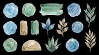 Watercolor design elements set with blue, green, and gold brush strokes, circles, and botanical leaves, isolated on transparent background for clipart, stickers, sublimation.