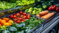 Fresh organic produce display in grocery store with vibrant tomatoes, carrots, leafy greens, and colorful vegetables arranged in retail counter bins.