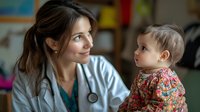 Female pediatrician in white coat and stethoscope holding baby patient in floral dress during medical checkup, warm natural lighting creates caring atmosphere.