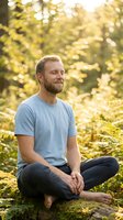 Caucasian male in casual attire sitting cross-legged on moss-covered log in sunlit forest, practicing mindfulness and meditation outdoors during golden hour for wellness and lifestyle content.