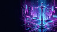 Digital justice scales glowing with neon purple and blue lights on futuristic circuit board background for legal technology and cyber law concepts.