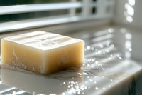 Natural handmade soap bar with water droplets on wooden surface near window with soft sunlight for skincare and wellness routine.