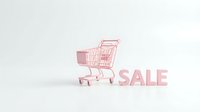 Pink miniature shopping cart next to bold SALE letters on white background, symbolizing retail discounts and online shopping promotions.