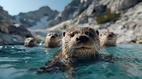 Curious river otter swimming in crystal clear mountain lake water, close-up view of wet furry face with whiskers, others floating in background against rocky peaks.