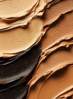 Creamy foundation smears in various skin tones from light beige to deep brown, showing texture and consistency of makeup products.