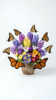 Vibrant floral arrangement in rustic pot with purple hydrangeas, yellow daisies, pink roses, and iris flowers surrounded by monarch butterflies on white background.