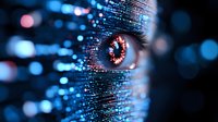Close-up of human eye with digital code reflection and blue technology particles, representing artificial intelligence and machine learning advancement.
