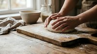 Hands kneading dough on wooden board in rustic kitchen. Traditional bread making process with flour dust. Homemade baking and cooking preparation concept.