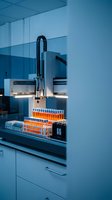 Automated laboratory equipment processing test tubes with orange samples in modern research facility for pharmaceutical and medical analysis.
