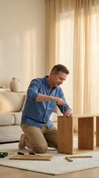 Caucasian man assembling wooden furniture at home using screwdriver in bright living room with natural sunlight streaming through curtains.
