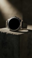 Modern smartwatch with black leather strap on concrete surface with dramatic lighting for technology and wearable device concepts.