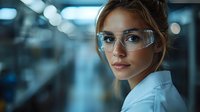 Young female scientist in protective eyewear and white lab coat looking confidently at camera against blurred laboratory background with bokeh lights.