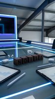 Modern futuristic office workspace with wooden blocks spelling MOUSE on illuminated glass desk surrounded by tablets and digital devices in blue neon lighting.