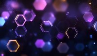Glowing purple and blue hexagonal shapes floating in dark space with bokeh effects create futuristic technological background for science and innovation concepts.