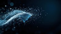 Glowing blue wave of digital particles and light streaks flowing with sparkles against dark background, creating futuristic technology visualization effect.