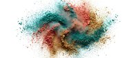 Colorful powder explosion with teal, red, and gold particles dispersing in air, suitable for creative backgrounds, design projects, and artistic compositions.