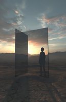 Silhouette of person standing by mysterious mirror in desert landscape at sunset, dramatic sky with pink clouds reflects metaphysical concept of self-reflection.