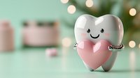 Cute cartoon tooth character with braces holding pink heart on mint green background with bokeh lights, dental care concept for children and valentines.