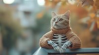 Orange tabby cat wearing knitted sweater and skeleton gloves sitting with crossed arms on dark surface against blurred autumn background with bokeh lights.