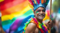 Smiling Latino man in vibrant rainbow costume and feathered headdress celebrating at pride parade against colorful flag background, expressing joy and unity.