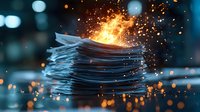 Stack of paper documents burning with bright orange flames and flying sparks against dark background with bokeh lights, dramatic office destruction concept.