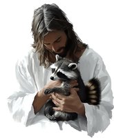Man with long brown hair wearing white robe gently holds and looks down at a young raccoon in tender moment against white background, isolated design element.