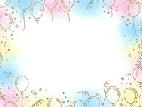 Pastel watercolor balloon border frame with stars and confetti on white background for party invitations and celebration designs.