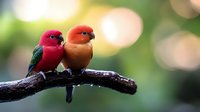 Pair of colorful lovebirds perched together on tree branch against soft bokeh background, showing affection and companionship in natural setting.